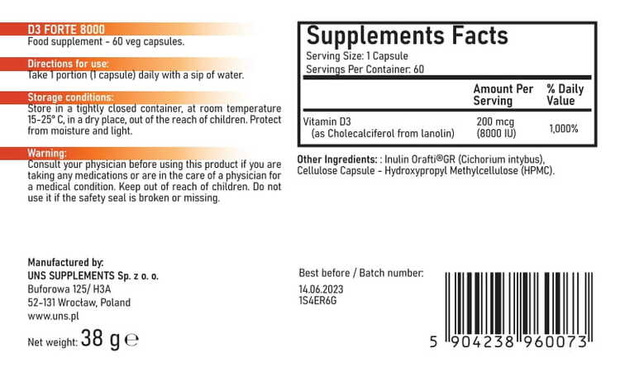 UNS Vitamin D3 Forte 60 caps - 8000 UI